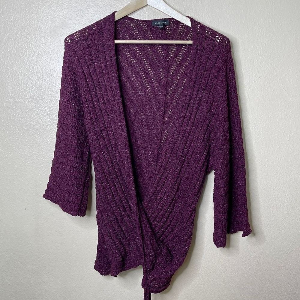Bebe Sweater Women’s Medium Purple Twisted Tie Front Knitted 3/4 Sleeve